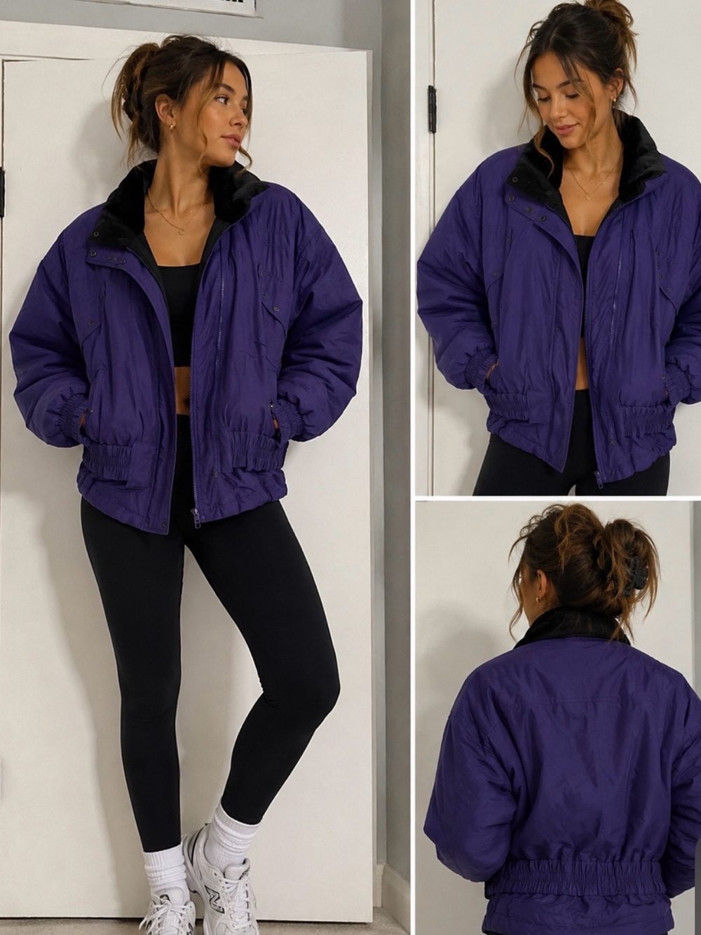 Women's Purple Cropped Puffer Jacket with Black Contrast Collar